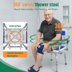 Luckfaith 360° Swivel Shower Stools, Non-Slip Bathtub Shower Chair, Adjustable Height Bath Seat with Back and Pivoting Arms