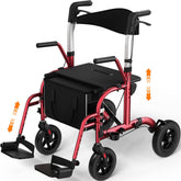 Luckfaith LR03 2 in 1 Rollator Walker, Foldable Aluminum Rollator with Footrests,Red