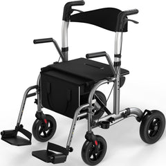 Luckfaith LR03 2 in 1 Walker Wheelchair, Folding Rolling Walker Wheelchair Combo,Charcoal Grey