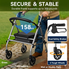 Luckfaith LR01 Folding Rollator Walker with Seat – Lightweight 4-Wheel Zimmer Frame with Storage Bag, Mobility Aid for Elderly & Disabled, Indoor & Outdoor Use, Grey