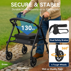 Luckfaith LR01 Folding Rollator Walker with Seat – Lightweight 4-Wheel Zimmer Frame with Storage Bag, Mobility Aid for Elderly & Disabled, Indoor & Outdoor Use, Black