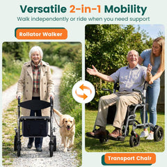 Luckfaith LR03 2 in 1 Walker Wheelchair, Folding Rolling Walker Wheelchair Combo,Charcoal Grey