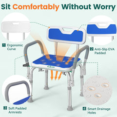 Luckfaith LC11 Shower Chair with Backrest – 6-Level Adjustable Height, Non-Slip Bath Seat with Padded Back Support, Lightweight Shower Stool for Elderly, Disabled & Pregnant, Blue