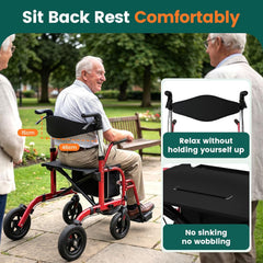 Luckfaith LR03 2 in 1 Rollator Walker, Foldable Aluminum Rollator with Footrests,Red