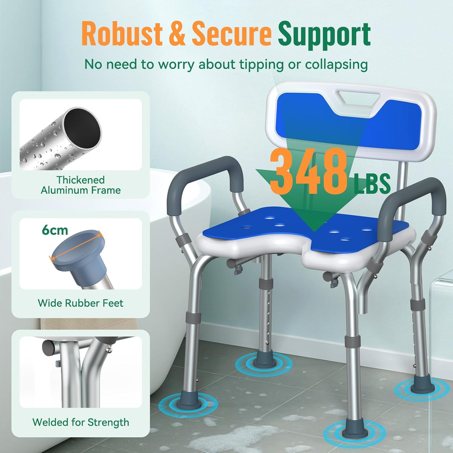 Luckfaith Shower Stool with Arms & Adjustable Height, Anti Slip Design with Padded Handles