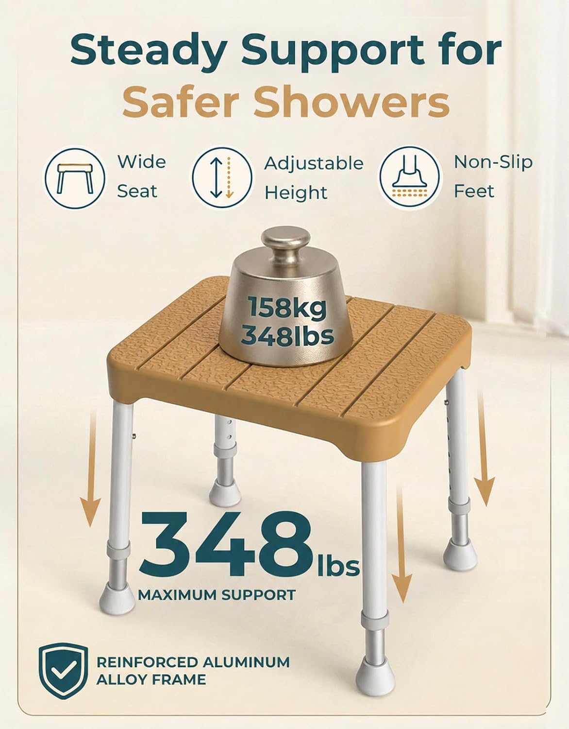 Luckfaith Lightweight Shower Stool – 350 lbs Capacity, Anti-Slip Bath Seat, Portable Shower Bench for Inside Shower, Elderly & Disabled, Brown