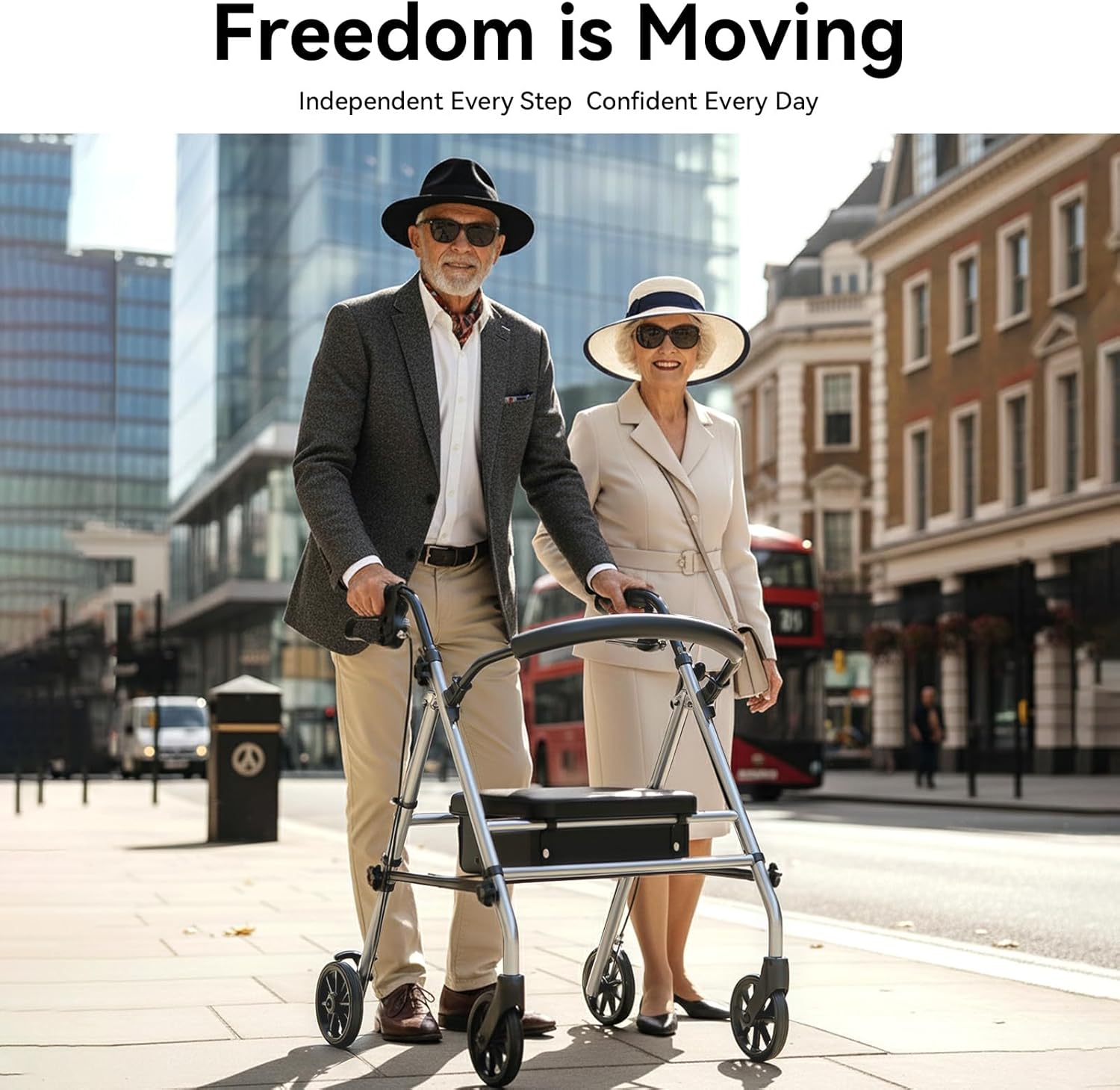 Luckfaith LR01 Folding Rollator Walker with Seat – Lightweight 4-Wheel Zimmer Frame with Storage Bag, Mobility Aid for Elderly & Disabled, Indoor & Outdoor Use, Grey