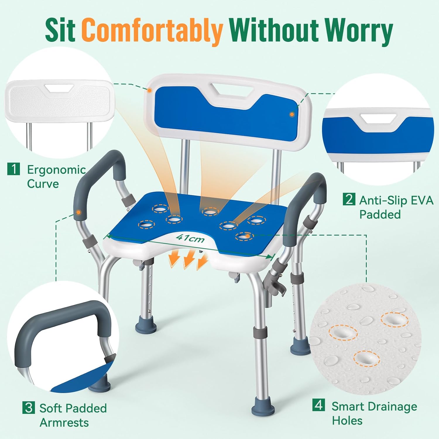 Luckfaith Shower Stool with Arms & Adjustable Height, Anti Slip Design with Padded Handles
