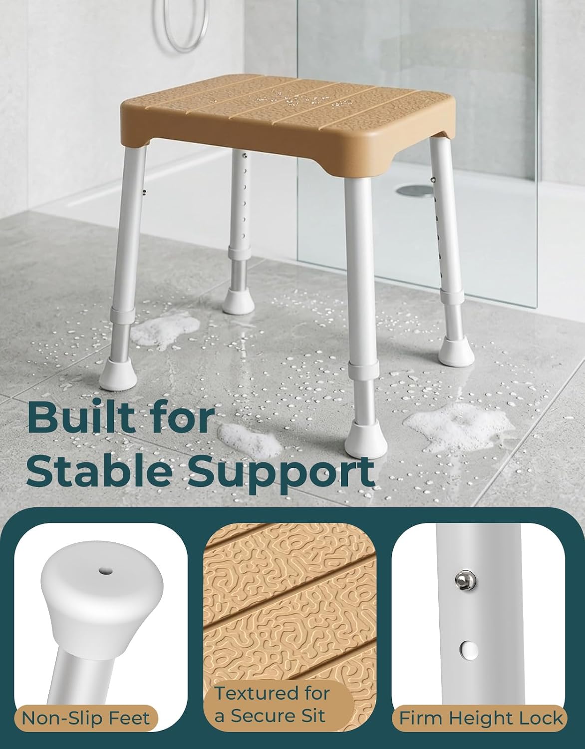 Luckfaith Lightweight Shower Stool – 350 lbs Capacity, Anti-Slip Bath Seat, Portable Shower Bench for Inside Shower, Elderly & Disabled, Brown