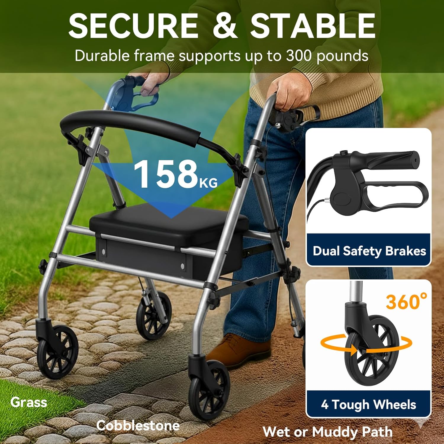 Luckfaith LR01 Folding Rollator Walker with Seat – Lightweight 4-Wheel Zimmer Frame with Storage Bag, Mobility Aid for Elderly & Disabled, Indoor & Outdoor Use, Grey