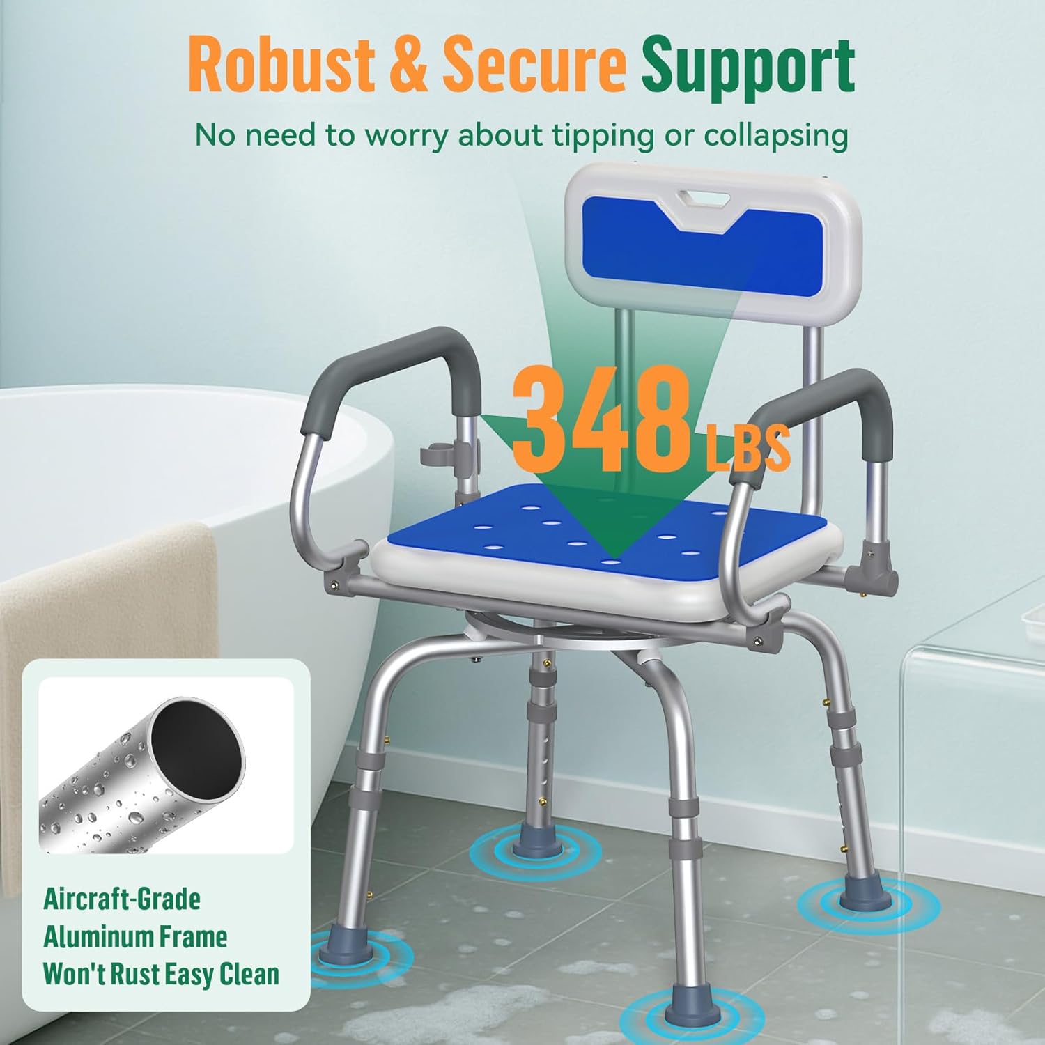 Luckfaith 360° Swivel Shower Stools, Non-Slip Bathtub Shower Chair, Adjustable Height Bath Seat with Back and Pivoting Arms