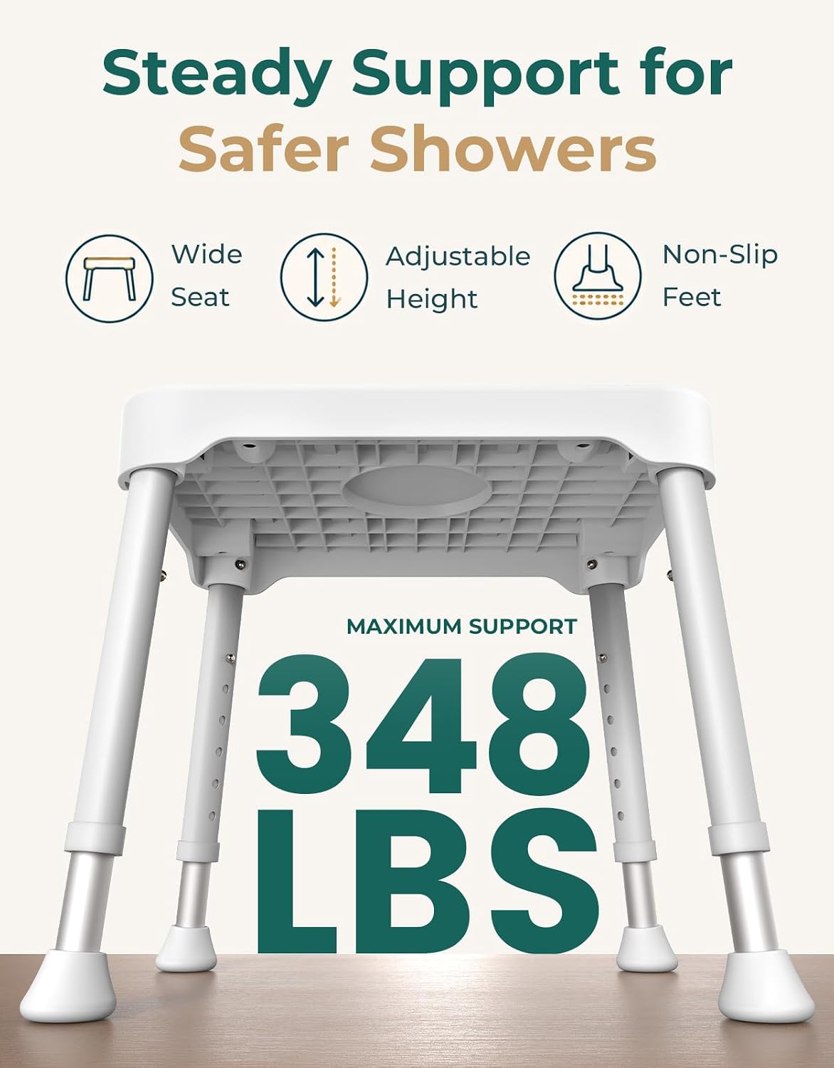Luckfaith Shower Stool for Elderly, 348 lb Adjustable Shower Chair with Suction Feet 6-level height adjustment for small, walk-in and bathtub showers.