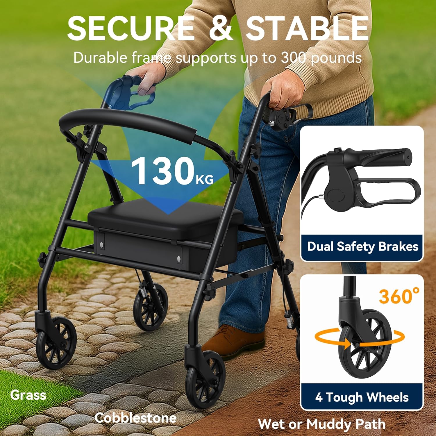 Luckfaith Foldable Rollator with Seat - 4-Wheel Walker for Seniors & Mobility Support, Height-Adjustable Lightweight Aluminum Frame, Includes Shopping Bag & Padded Seat, Black