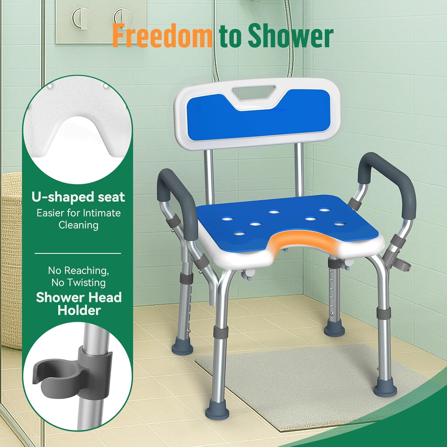 Luckfaith Shower Stool with Arms & Adjustable Height, Anti Slip Design with Padded Handles
