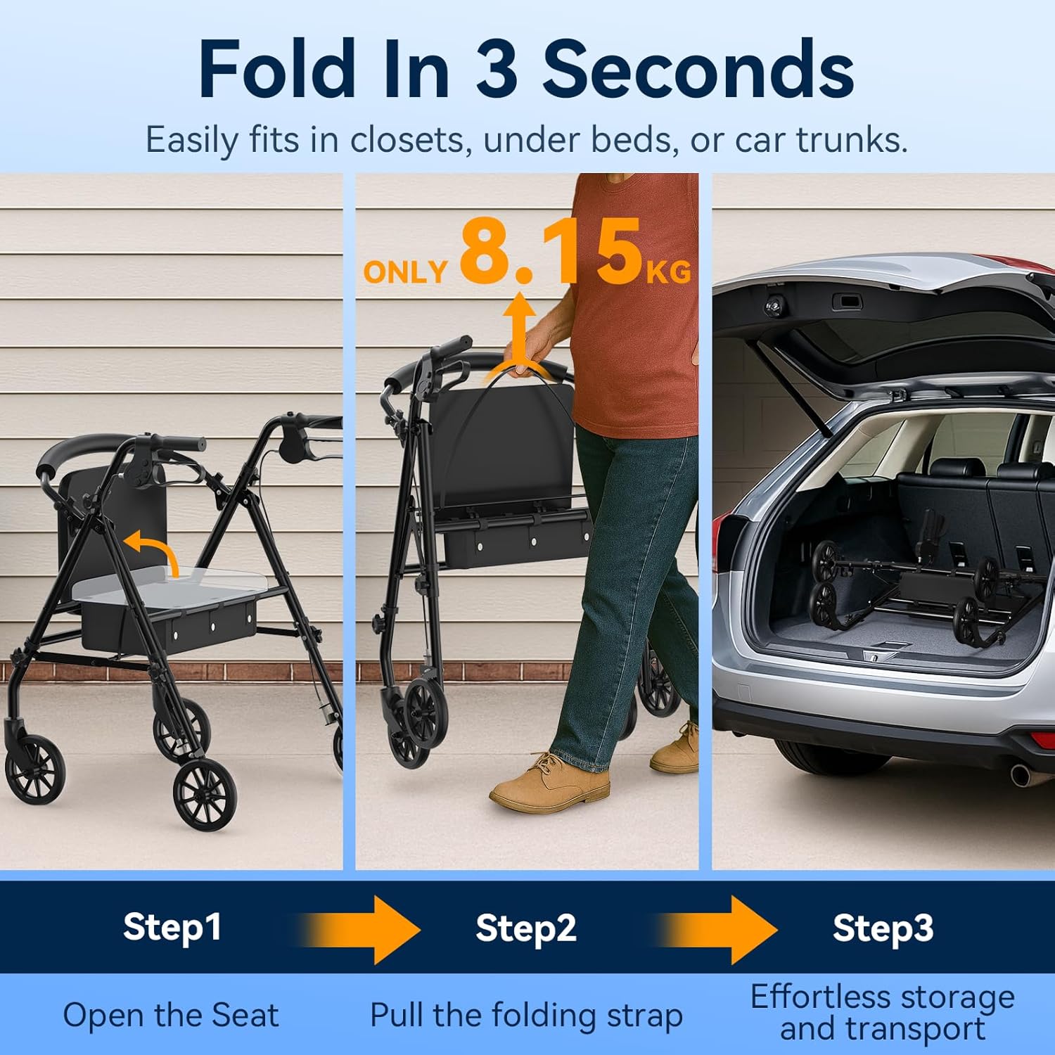 Luckfaith Foldable Rollator with Seat - 4-Wheel Walker for Seniors & Mobility Support, Height-Adjustable Lightweight Aluminum Frame, Includes Shopping Bag & Padded Seat, Black