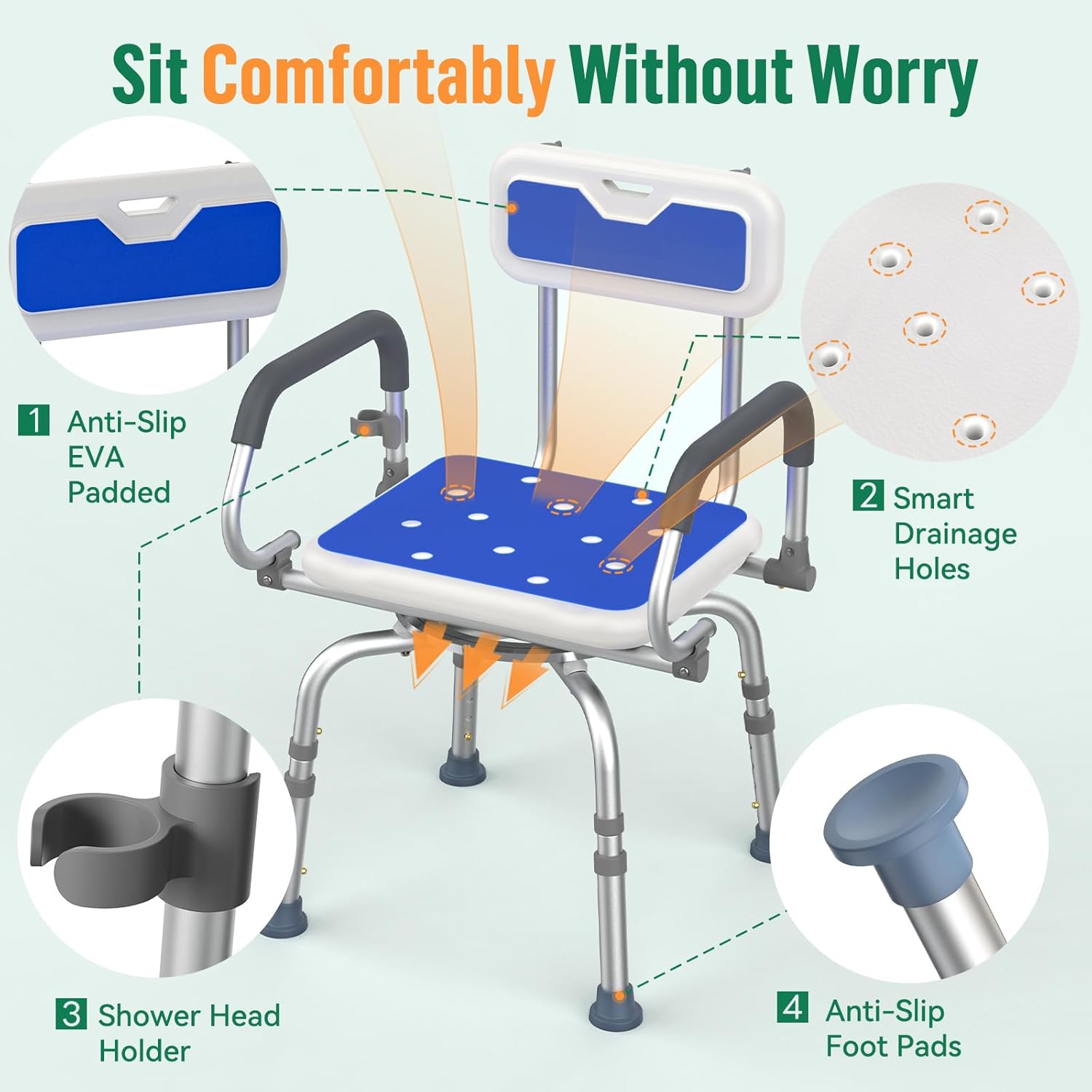 Luckfaith 360° Swivel Shower Stools, Non-Slip Bathtub Shower Chair, Adjustable Height Bath Seat with Back and Pivoting Arms