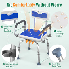 Luckfaith 360° Swivel Shower Stools, Non-Slip Bathtub Shower Chair, Adjustable Height Bath Seat with Back and Pivoting Arms UK