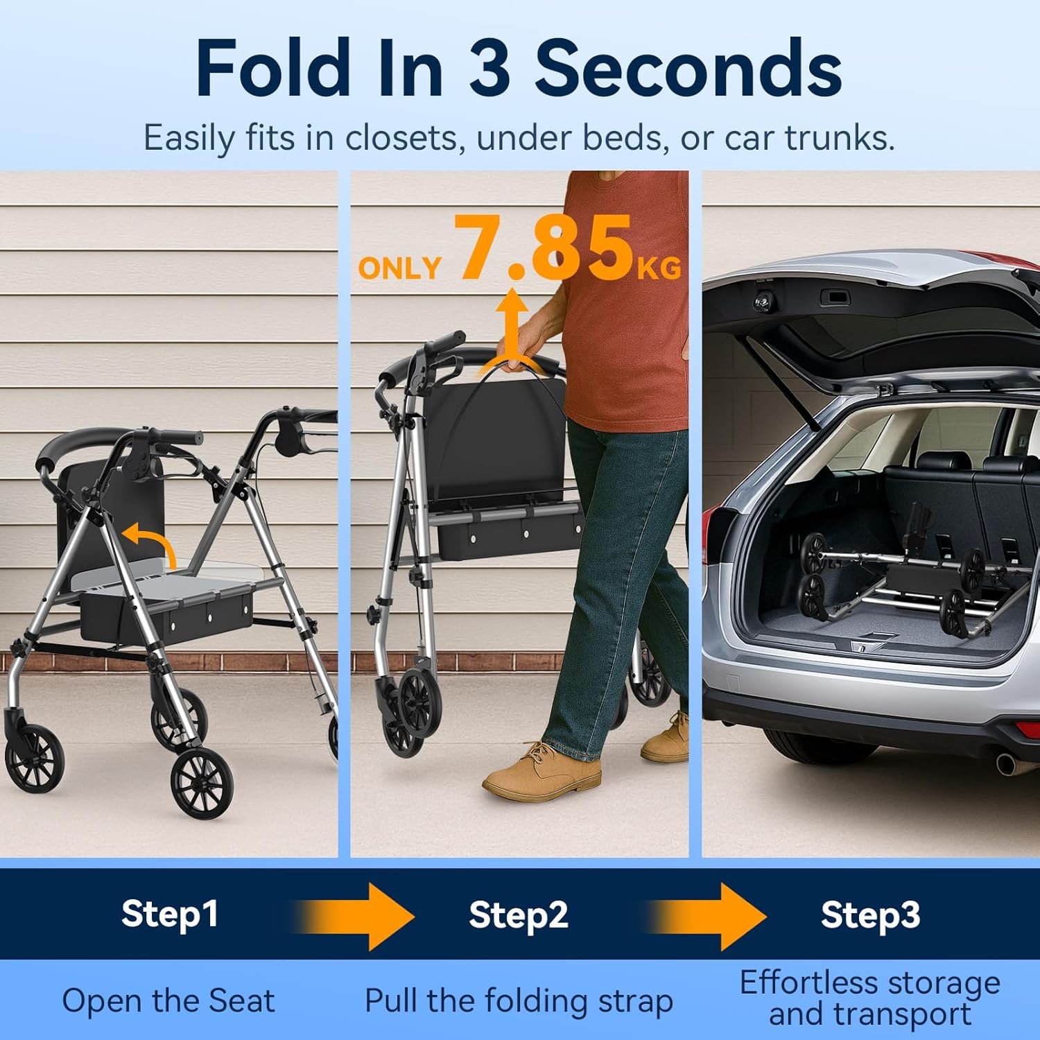 Luckfaith LR01 Folding Rollator Walker with Seat – Lightweight 4-Wheel Zimmer Frame with Storage Bag, Mobility Aid for Elderly & Disabled, Indoor & Outdoor Use, Grey