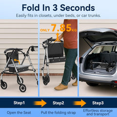 Luckfaith LR01 Folding Rollator Walker with Seat – Lightweight 4-Wheel Zimmer Frame with Storage Bag, Mobility Aid for Elderly & Disabled, Indoor & Outdoor Use, Grey
