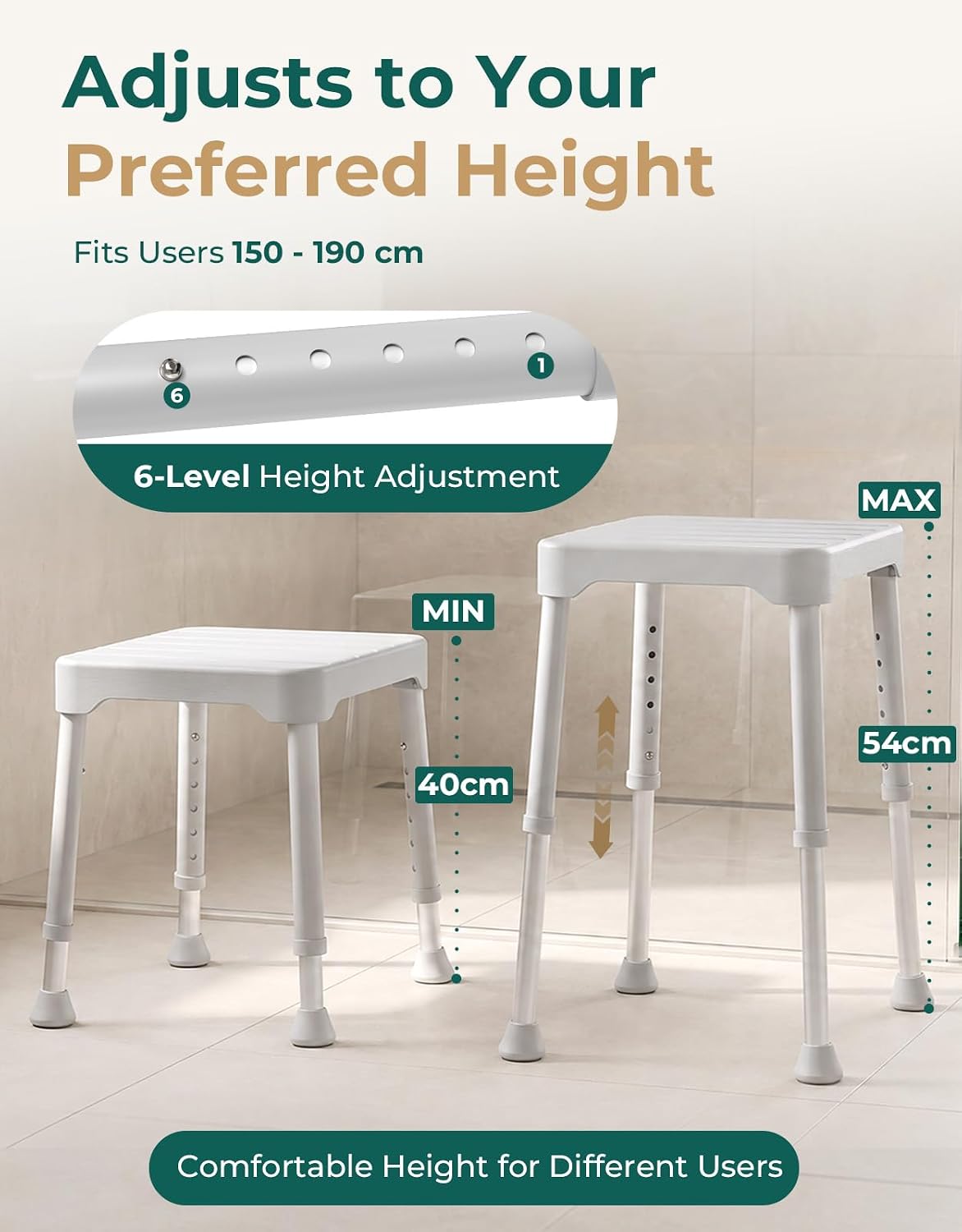 Luckfaith Shower Stool for Elderly, 348 lb Adjustable Shower Chair with Suction Feet 6-level height adjustment for small, walk-in and bathtub showers.