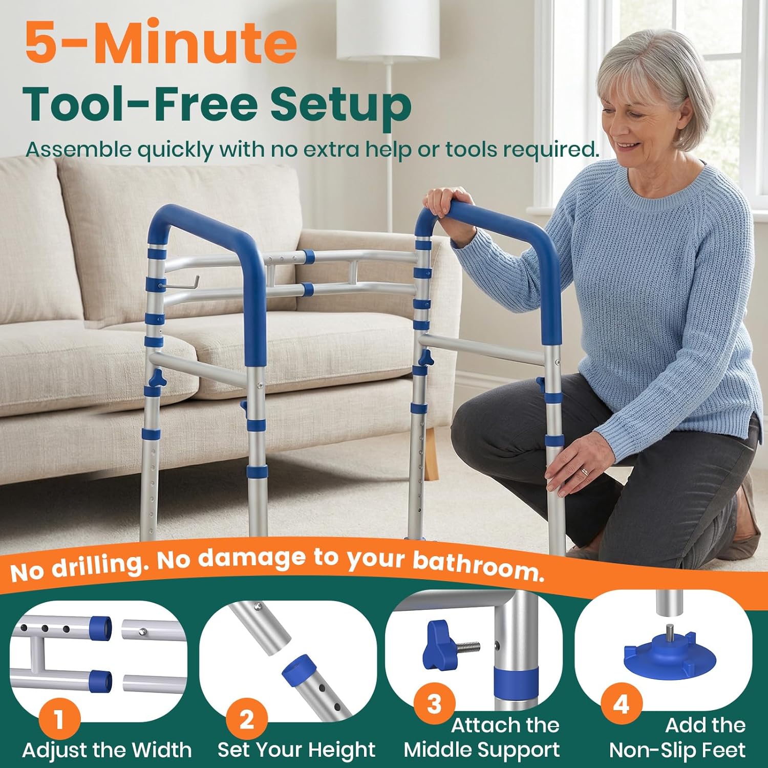 Luckfaith LTR01 Bedside Table with Toilet Rim, Height-adjustable, Portable Toilet Chair for Adults and Seniors – Blue