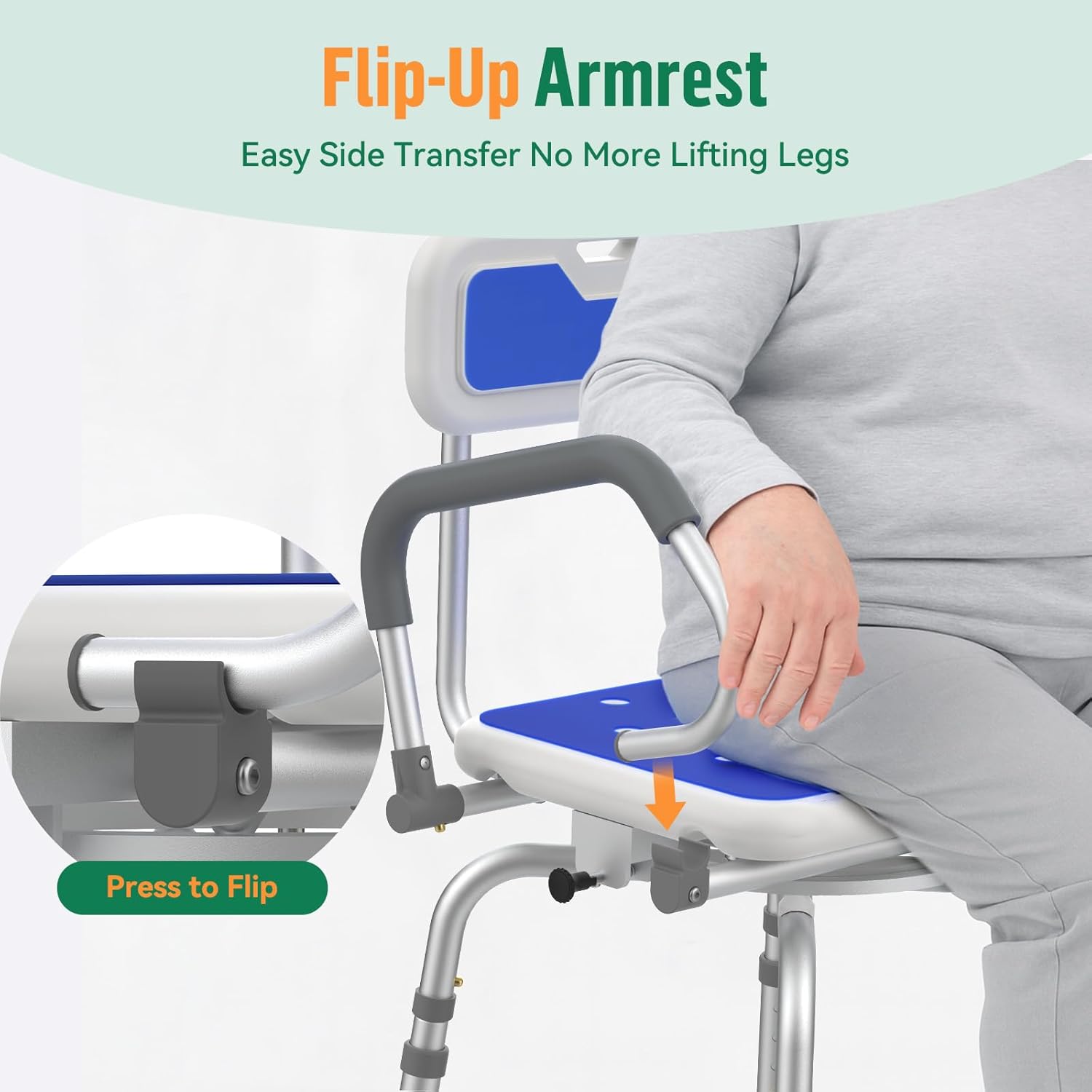 Luckfaith 360° Swivel Shower Stools, Non-Slip Bathtub Shower Chair, Adjustable Height Bath Seat with Back and Pivoting Arms