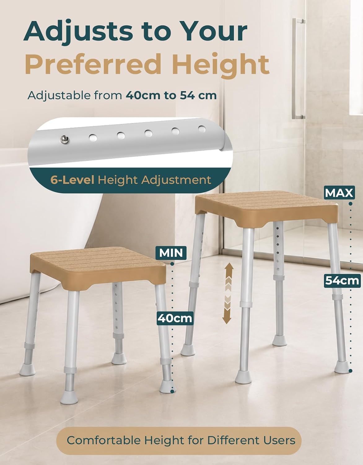 Luckfaith Lightweight Shower Stool – 350 lbs Capacity, Anti-Slip Bath Seat, Portable Shower Bench for Inside Shower, Elderly & Disabled, Brown