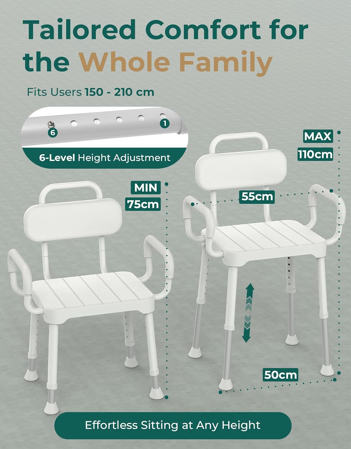 Luckfaith Shower Chair with Armrests and Backrest for Elderly Disabled Adults