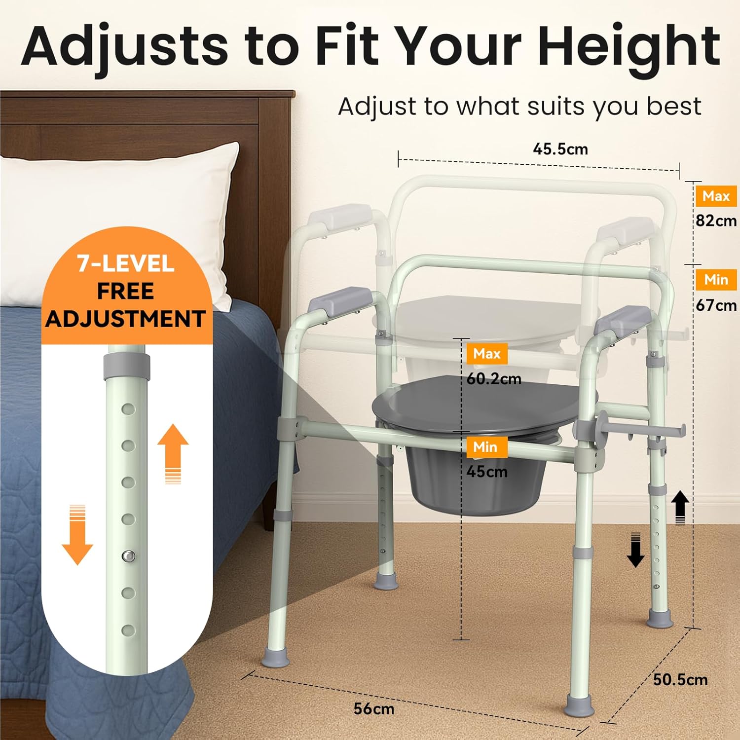 Luckfaith Lightweight Height Adjustable Commode Toilet Chair with Removable Bucket –Portable Bedside Toilet Aid for Elderly & Disabled Adults