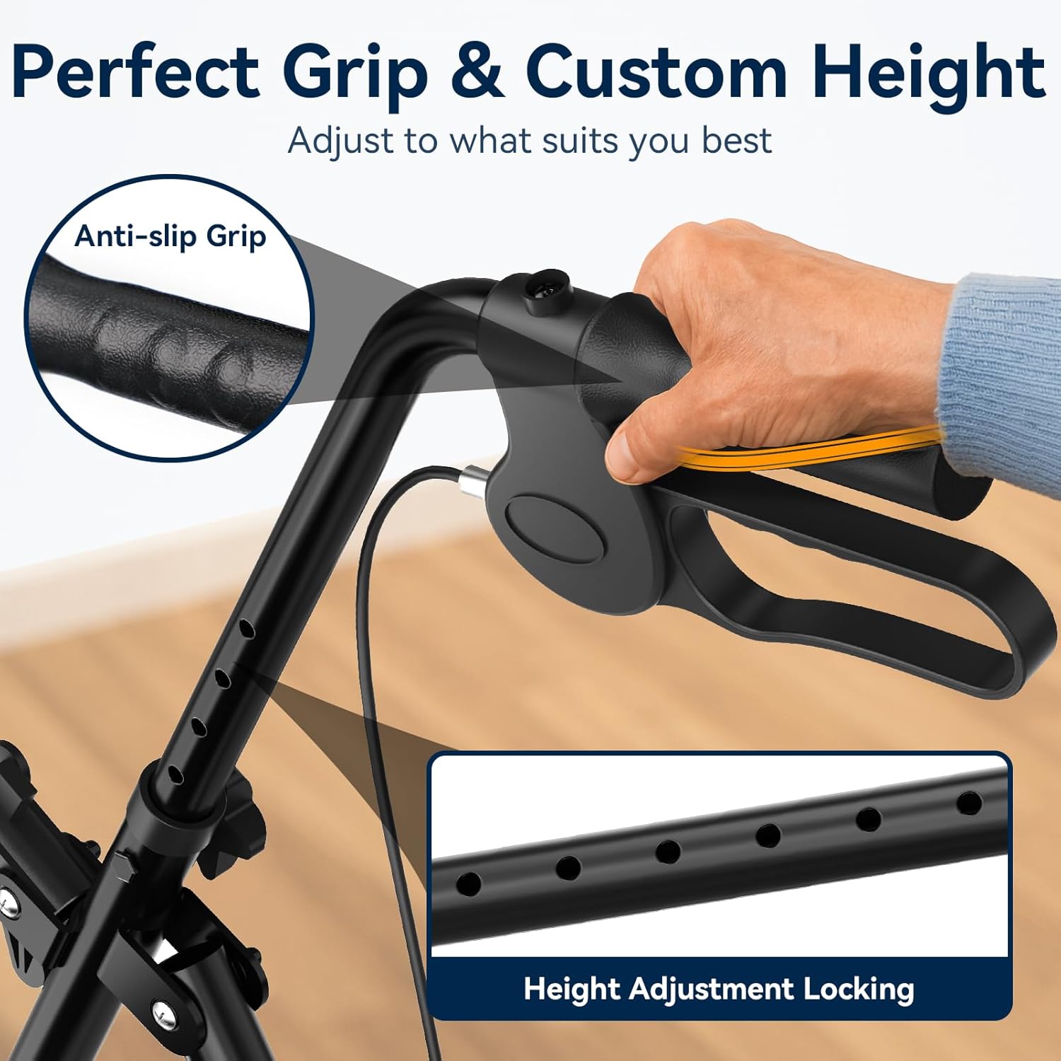 Luckfaith Foldable Rollator with Seat - 4-Wheel Walker for Seniors & Mobility Support, Height-Adjustable Lightweight Aluminum Frame, Includes Shopping Bag & Padded Seat, Black