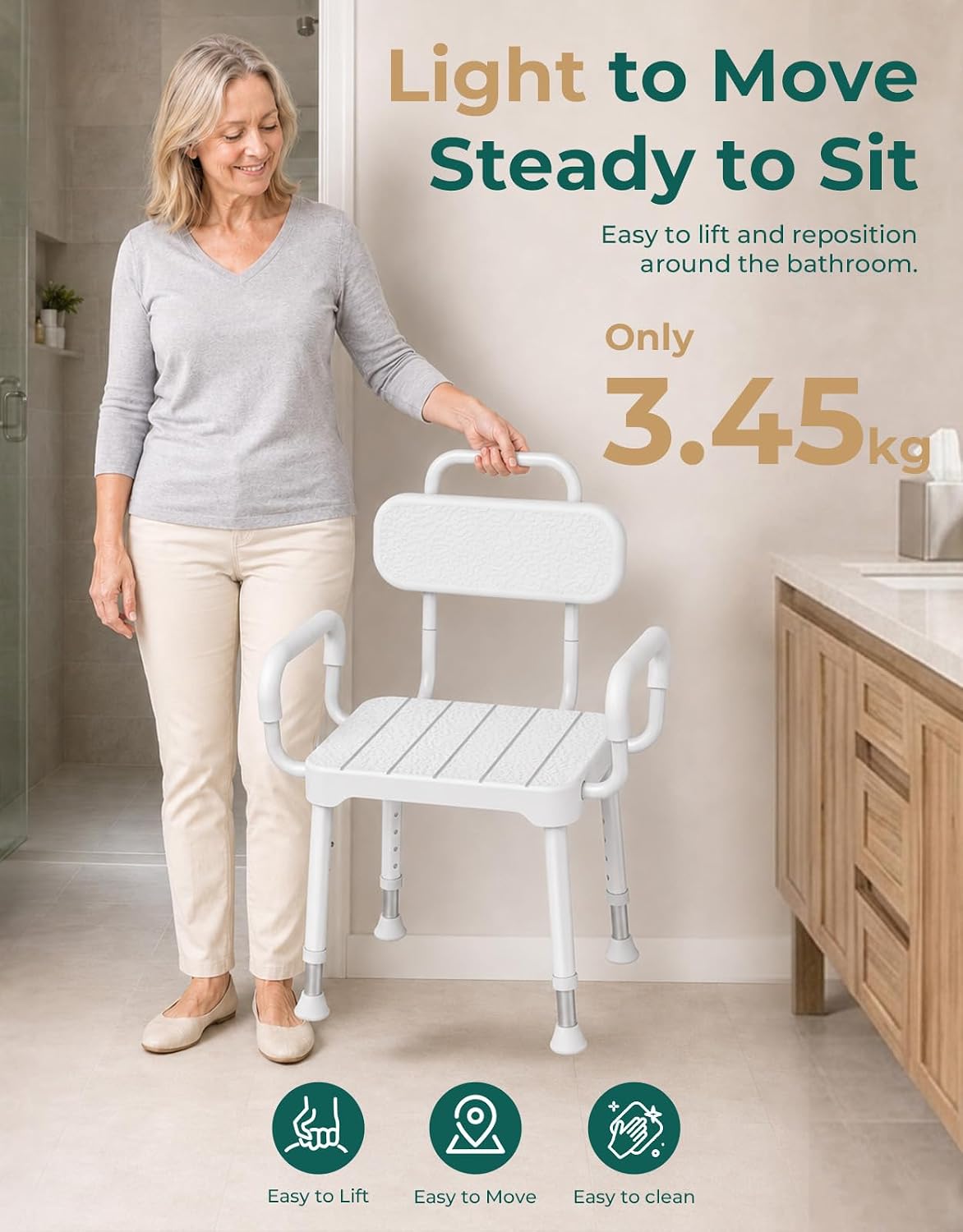Luckfaith Shower Chair with Armrests and Backrest for Elderly Disabled Adults