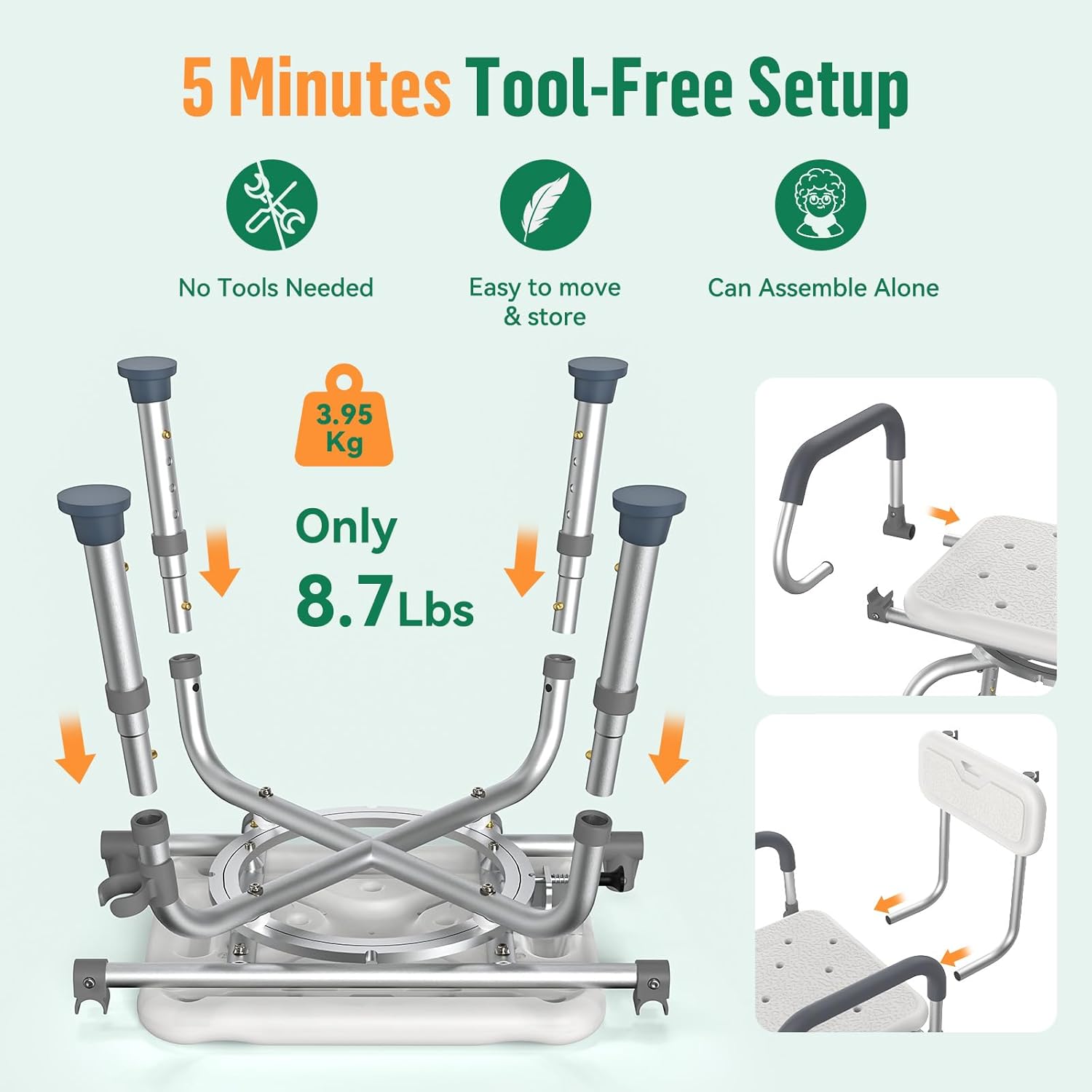 Luckfaith 360° Swivel Shower Stools, Non-Slip Bathtub Shower Chair, Adjustable Height Bath Seat with Back and Pivoting Arms