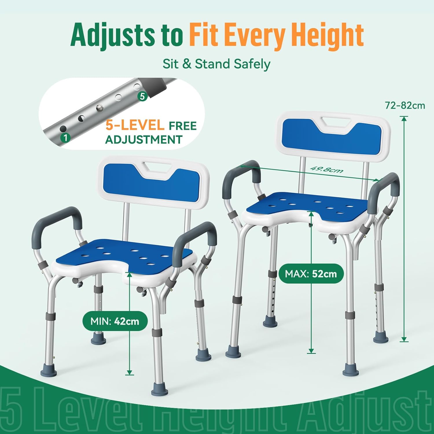 Luckfaith Shower Stool with Arms & Adjustable Height, Anti Slip Design with Padded Handles