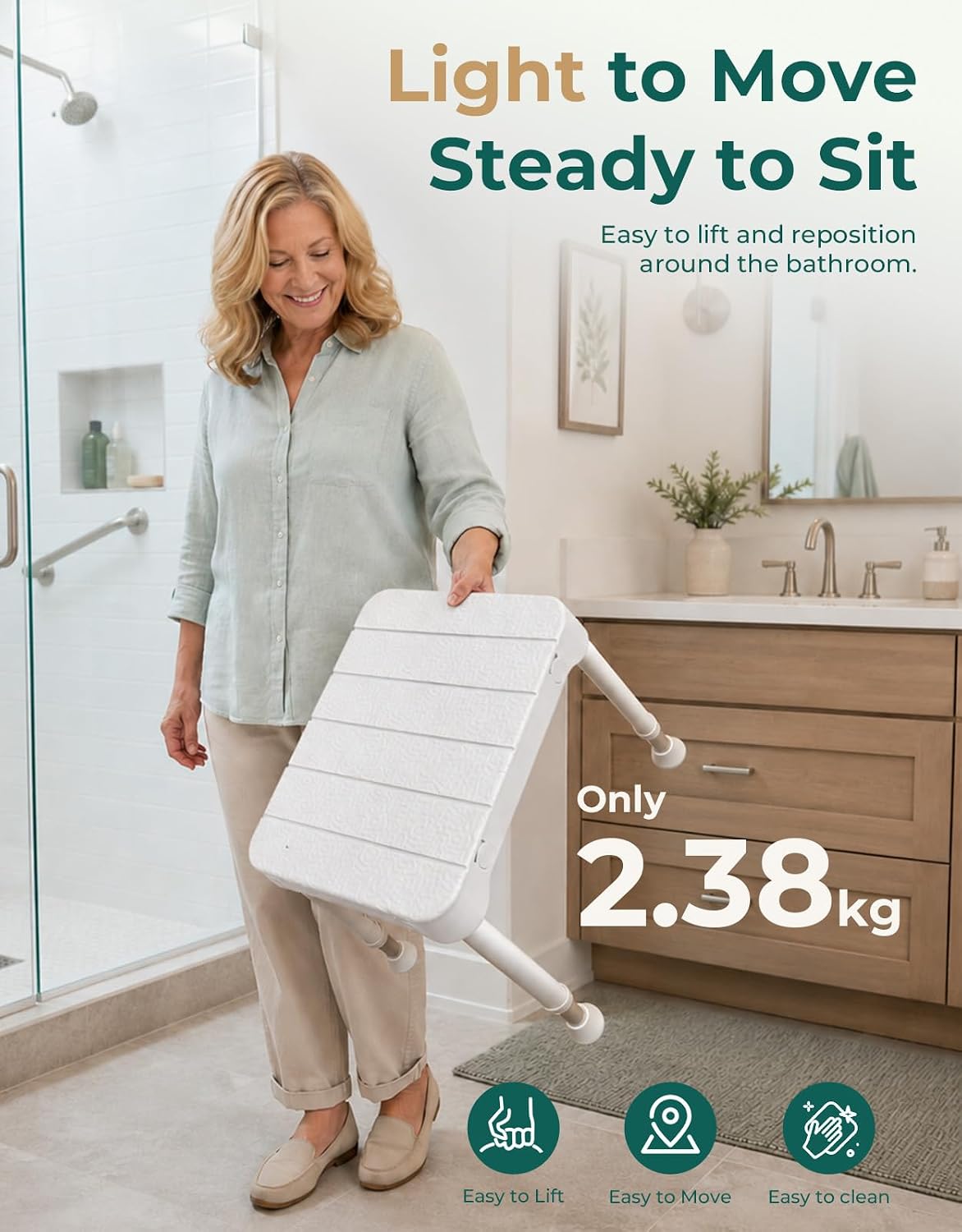 Luckfaith Shower Stool for Elderly, 348 lb Adjustable Shower Chair with Suction Feet 6-level height adjustment for small, walk-in and bathtub showers.