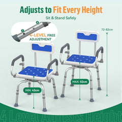 Luckfaith 360° Swivel Shower Stools, Non-Slip Bathtub Shower Chair, Adjustable Height Bath Seat with Back and Pivoting Arms