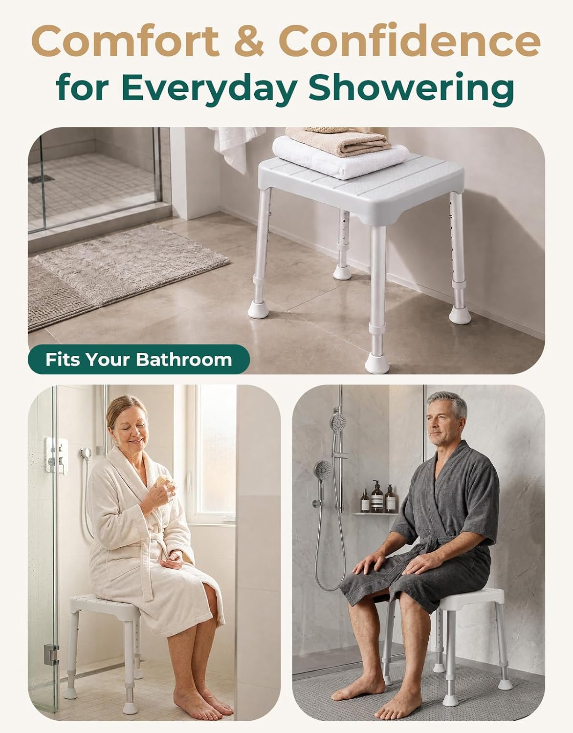 Luckfaith Shower Stool for Elderly, 348 lb Adjustable Shower Chair with Suction Feet 6-level height adjustment for small, walk-in and bathtub showers.