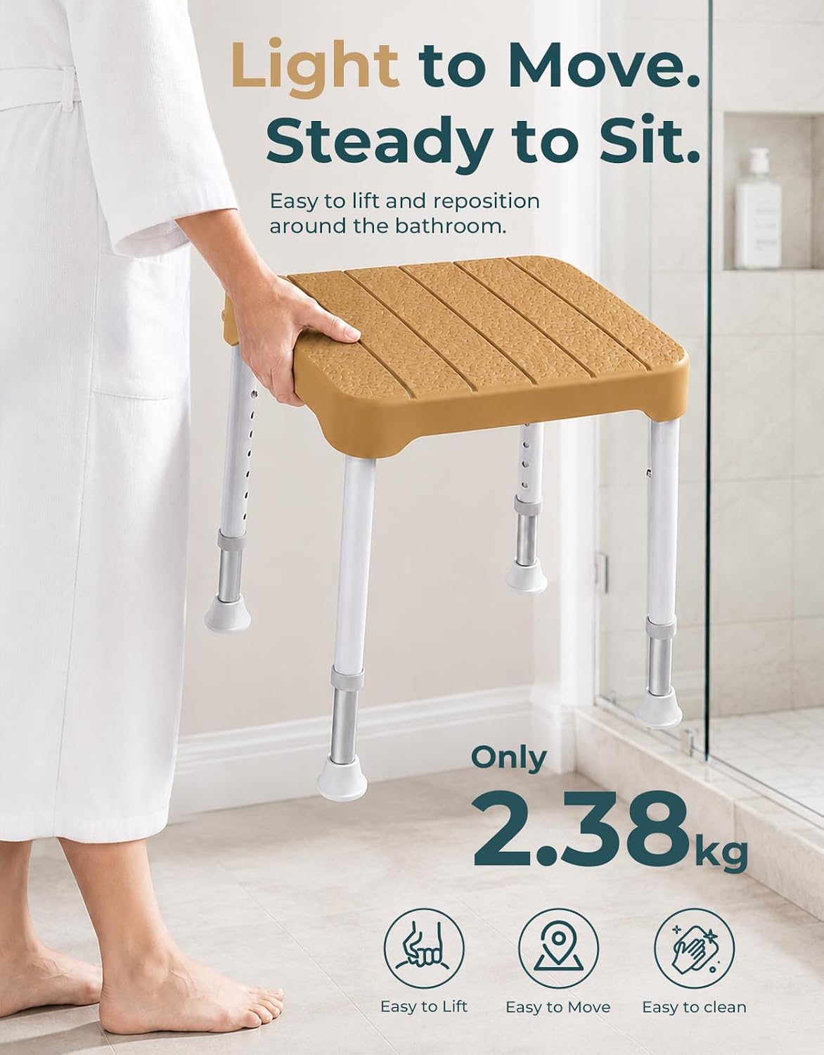 Luckfaith Lightweight Shower Stool – 350 lbs Capacity, Anti-Slip Bath Seat, Portable Shower Bench for Inside Shower, Elderly & Disabled, Brown