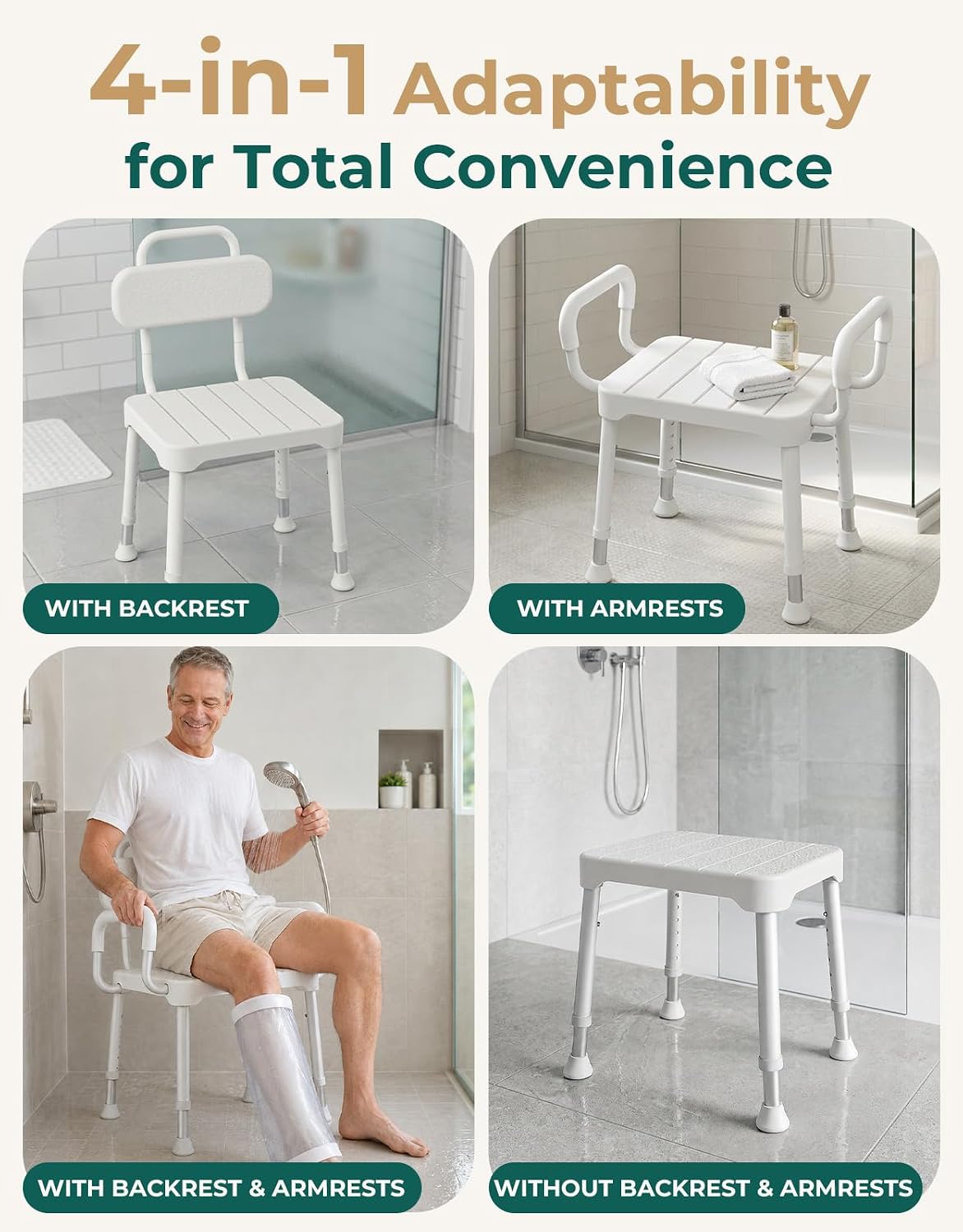 Luckfaith Shower Chair with Armrests and Backrest for Elderly Disabled Adults