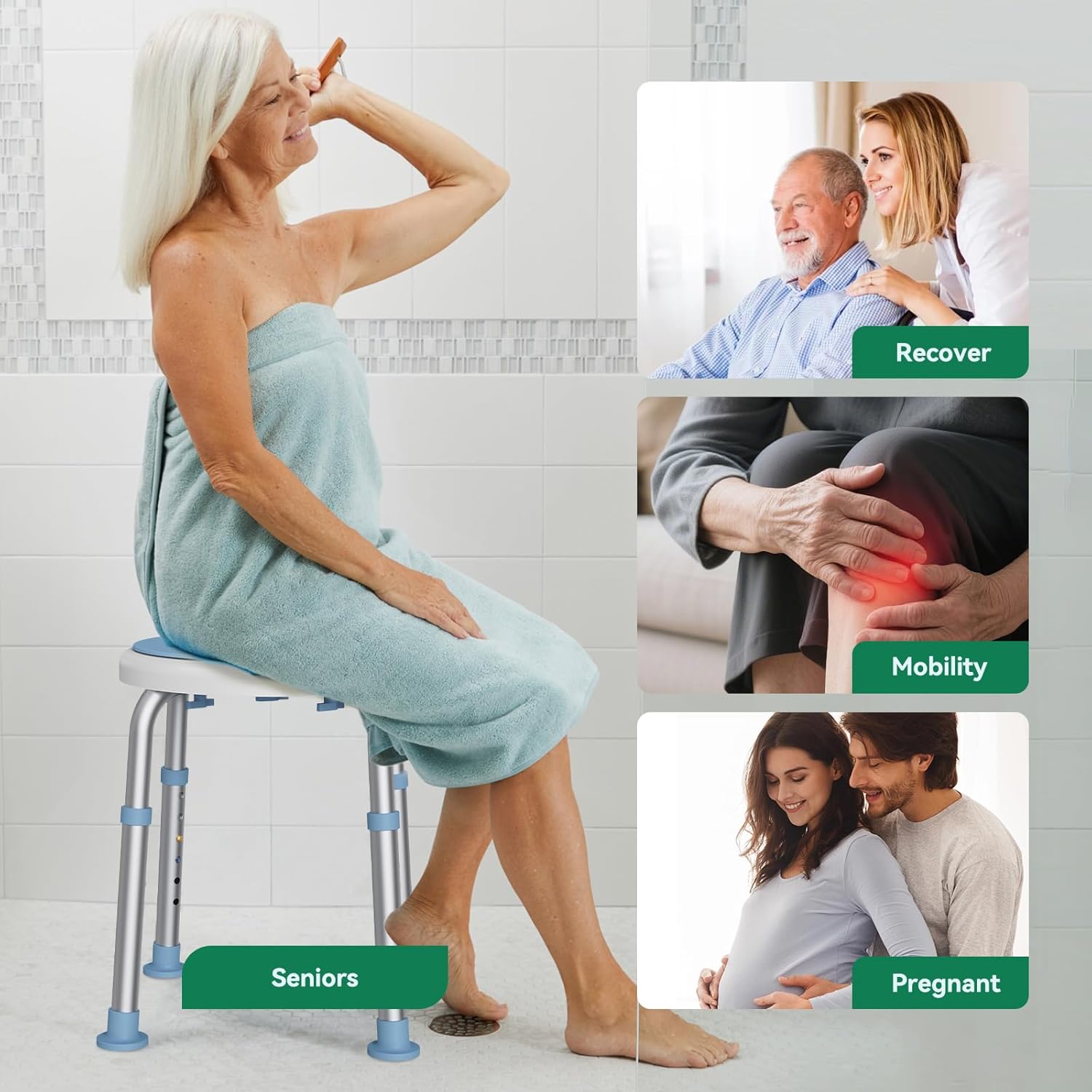 Luckfaith 360° Swivel Shower Chair with Adjustable Height – Non-Slip Bathroom Shower Stool and Lightweight Shower Seat for Disabled, Seniors & Pregnant with Limited Mobility