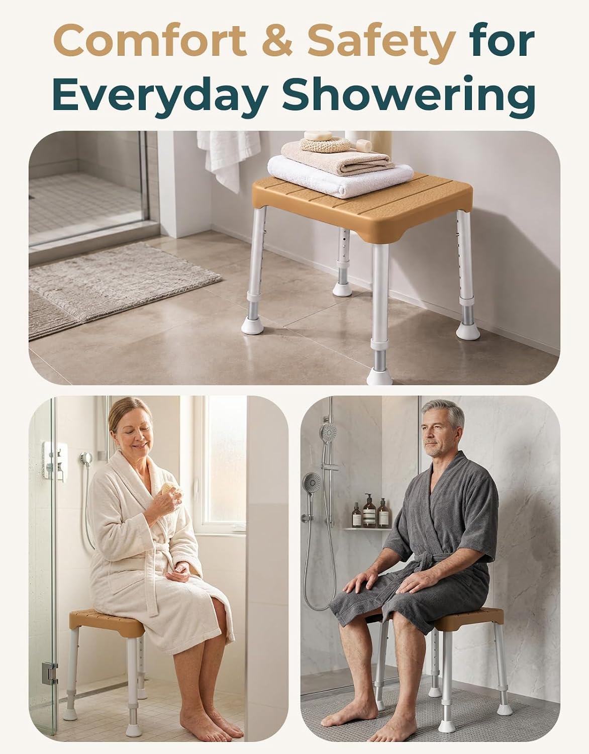 Luckfaith Lightweight Shower Stool – 350 lbs Capacity, Anti-Slip Bath Seat, Portable Shower Bench for Inside Shower, Elderly & Disabled, Brown
