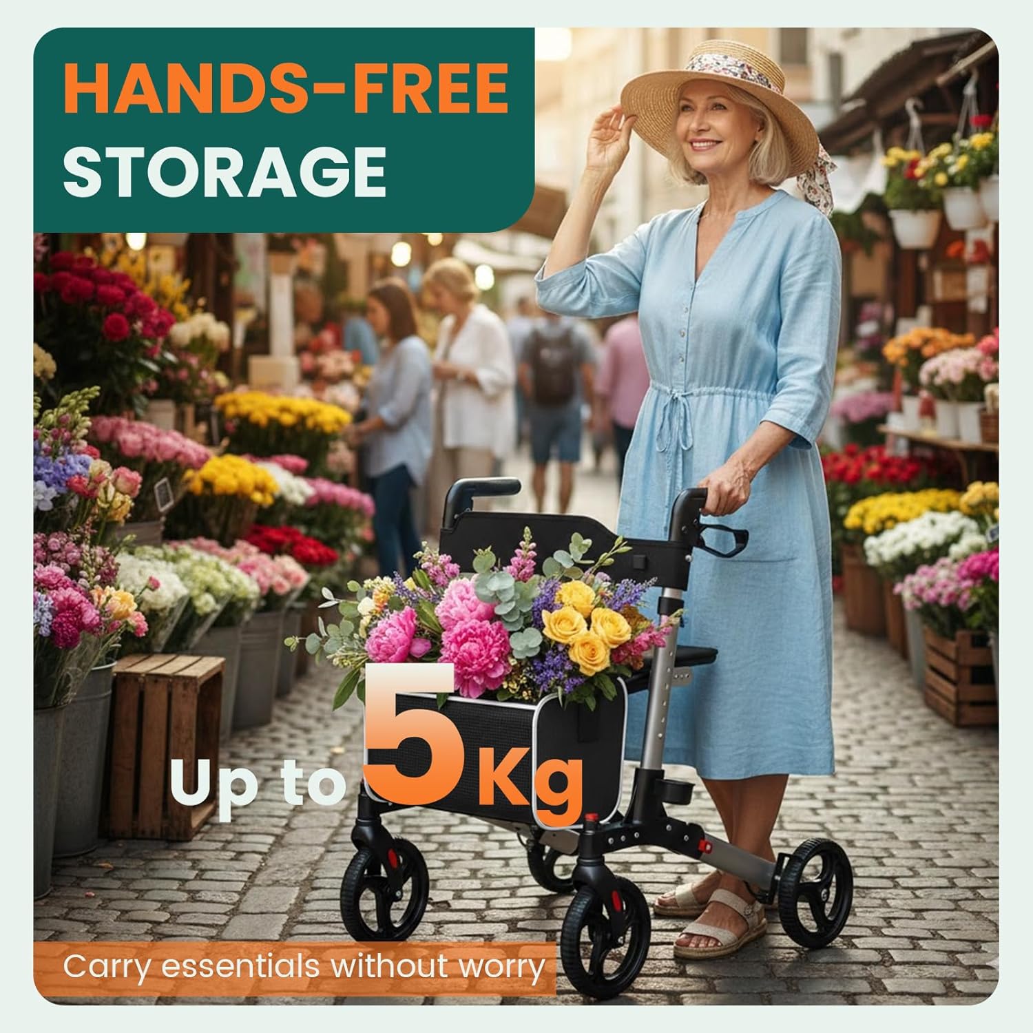 Luckfaith LR02 4 Wheel Rollator with Seat and Back,Foldable, Adjustable & Lightweight,Silver Grey UK