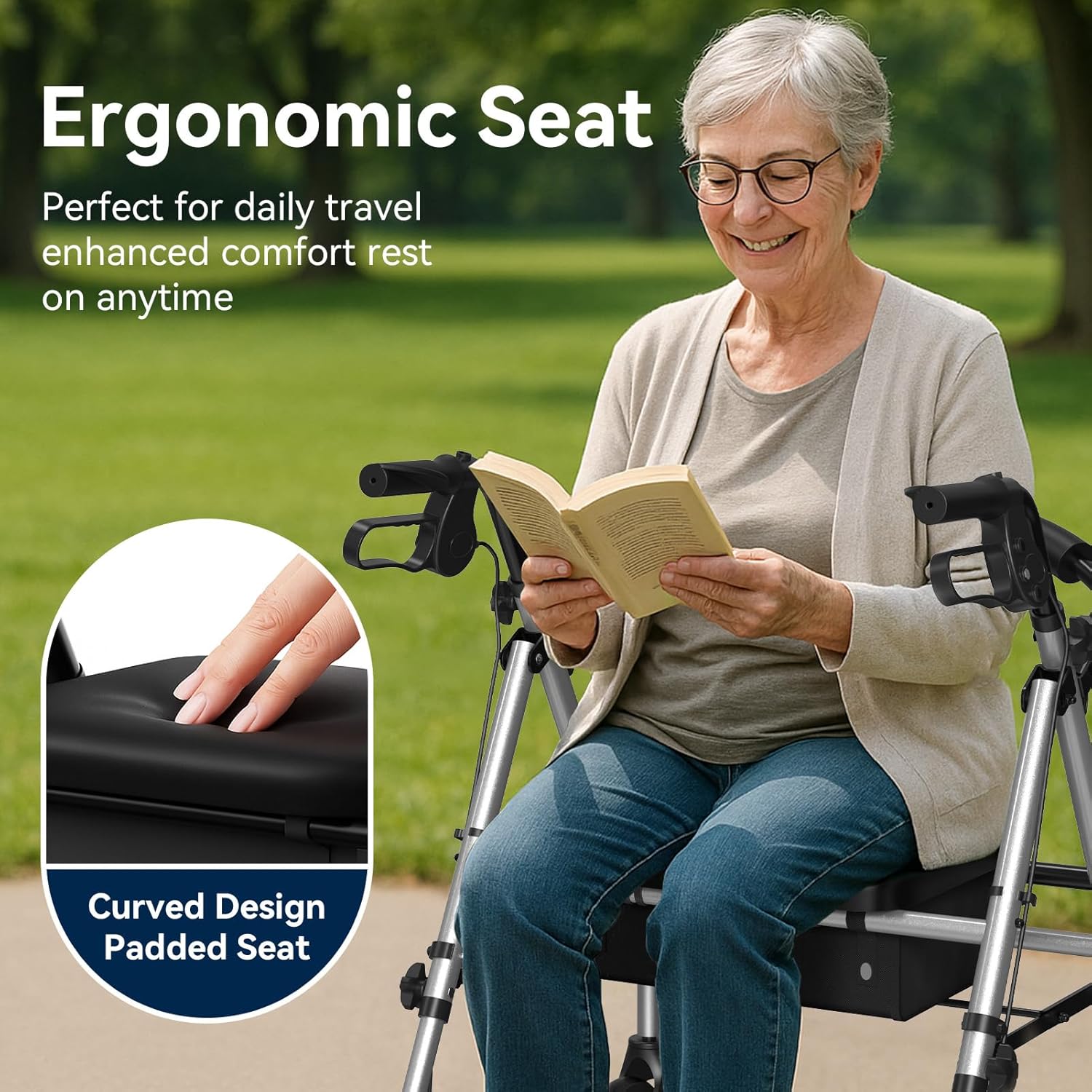 Luckfaith LR01 Folding Rollator Walker with Seat – Lightweight 4-Wheel Zimmer Frame with Storage Bag, Mobility Aid for Elderly & Disabled, Indoor & Outdoor Use, Grey