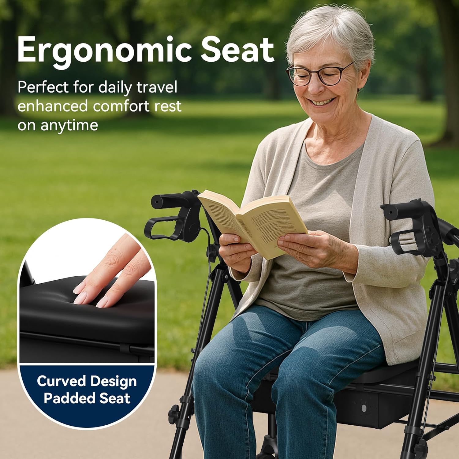 Luckfaith Foldable Rollator with Seat - 4-Wheel Walker for Seniors & Mobility Support, Height-Adjustable Lightweight Aluminum Frame, Includes Shopping Bag & Padded Seat, Black