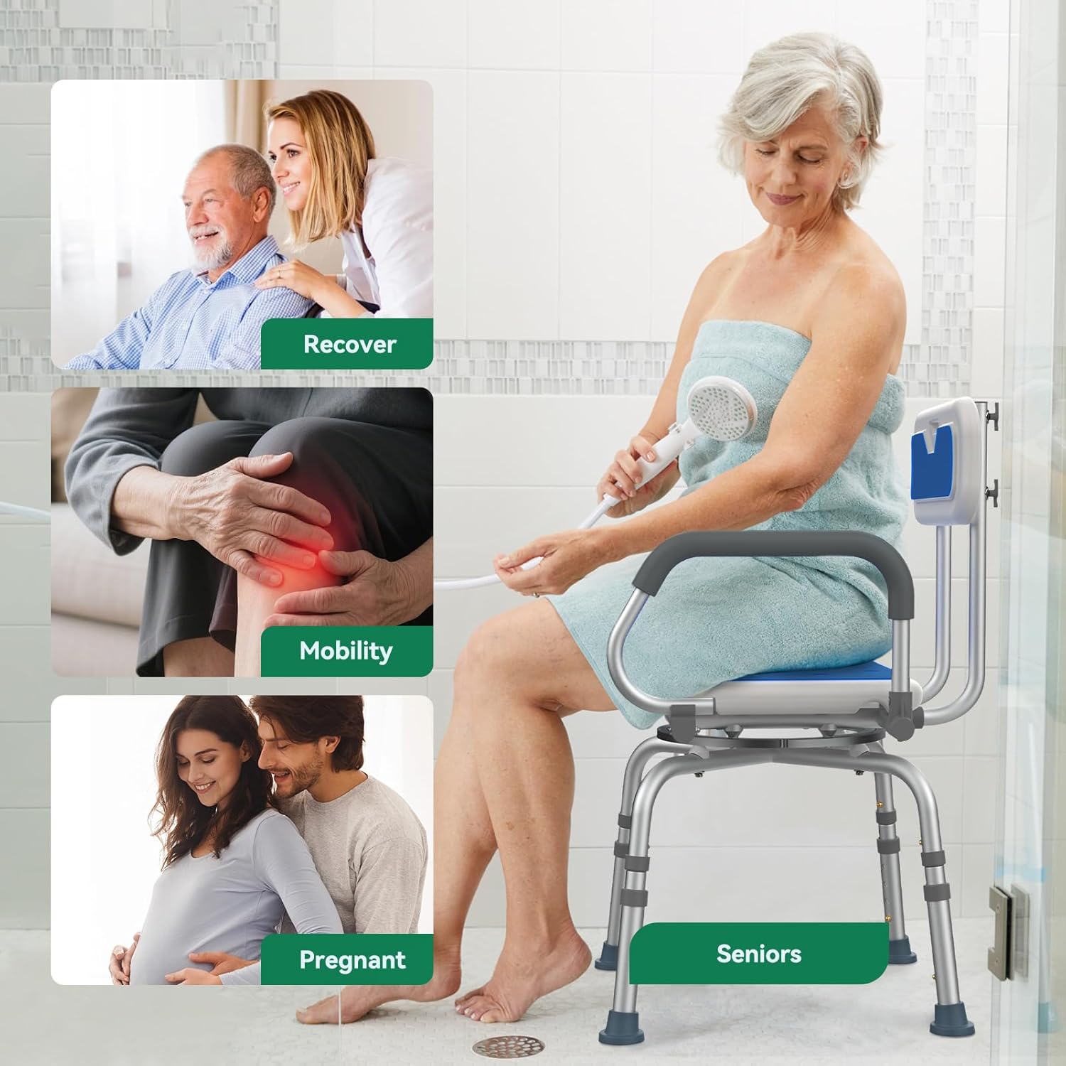 Luckfaith 360° Swivel Shower Stools, Non-Slip Bathtub Shower Chair, Adjustable Height Bath Seat with Back and Pivoting Arms