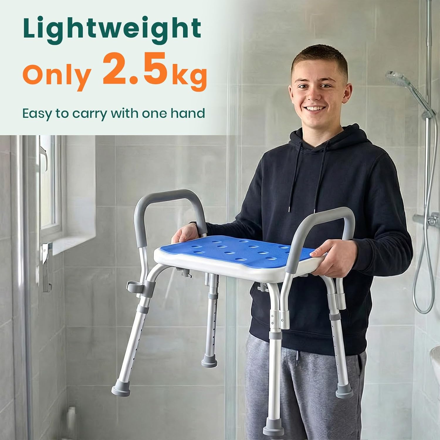 Luckfaith LC12 Shower Chair with Padded Armrests – Adjustable Bath and Non-Slip Foot Pads for Elderly and Disabled Users