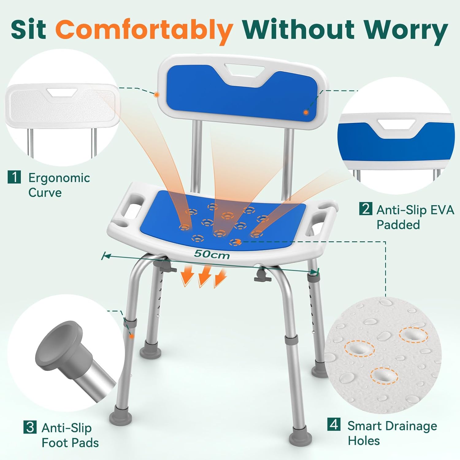 Luckfaith LC07 Heavy Duty Shower Chair with Backrest – EVA Padded Bath Seat with Tool-Free Height Adjustment, Anti-Slip Tub Bench for Elderly, Senior, and Disabled Users