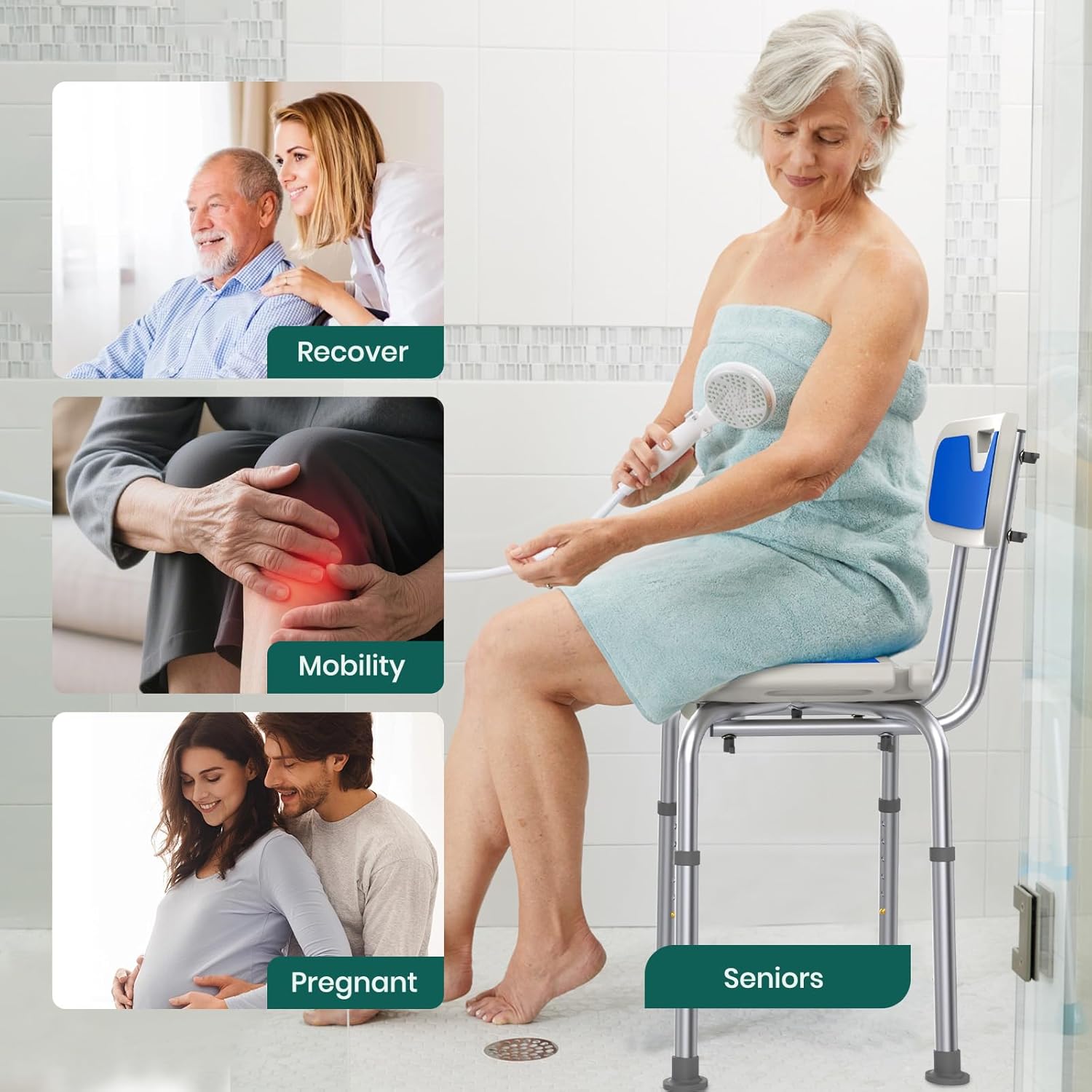 Luckfaith LC07 Heavy Duty Shower Chair with Backrest – EVA Padded Bath Seat with Tool-Free Height Adjustment, Anti-Slip Tub Bench for Elderly, Senior, and Disabled Users