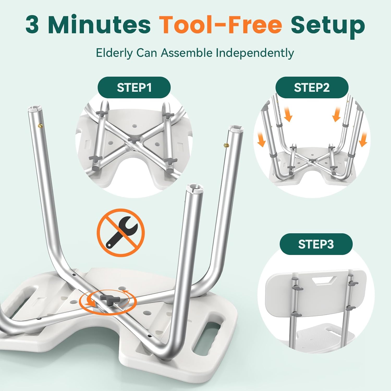 Luckfaith LC09 Shower Chair with Backrest –Height Adjustable Stool Featuring Curved Seat, Anti-Slip Foot Pads, and Integrated Shower Head Holder