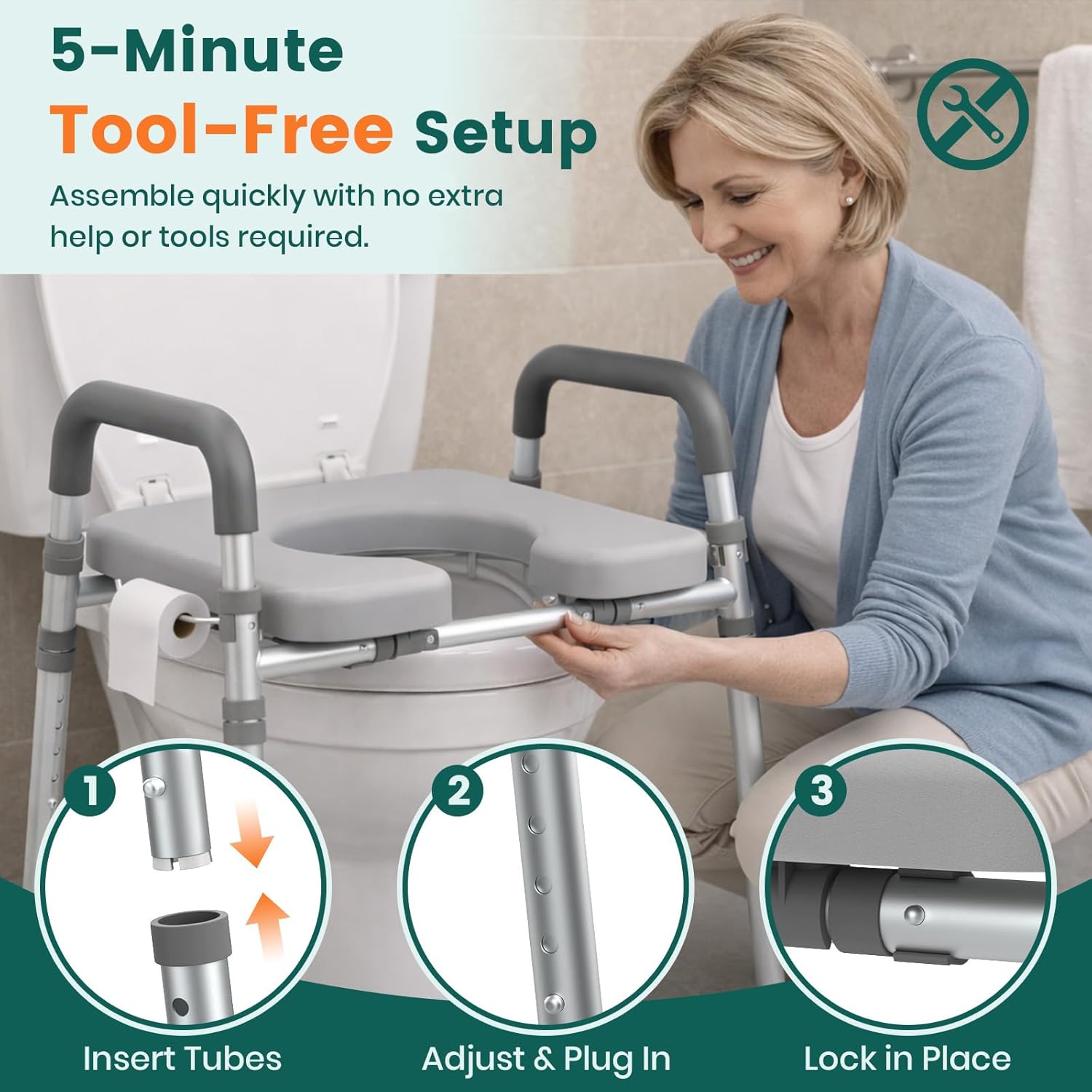 Luckfaith LTR02 Bedside Chest with Toilet Surround, Height Adjustable, Portable Commode Chair for Adults Seniors-grey