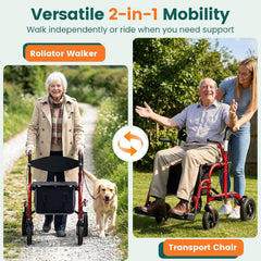 Luckfaith LR03 2 in 1 Rollator Walker, Foldable Aluminum Rollator with Footrests,Red